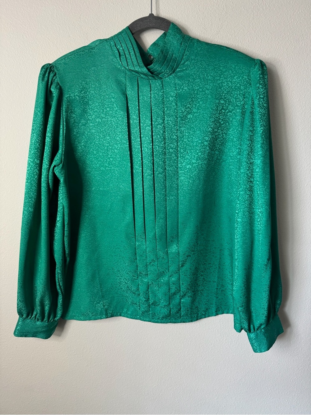 Vintage Christie & Jill Blouse Womens 10 Green Jacquard High Neck Korea